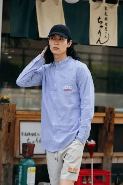 A Thousand Futures 'Logo' Cotton Oxford Shirt - Classic Blue