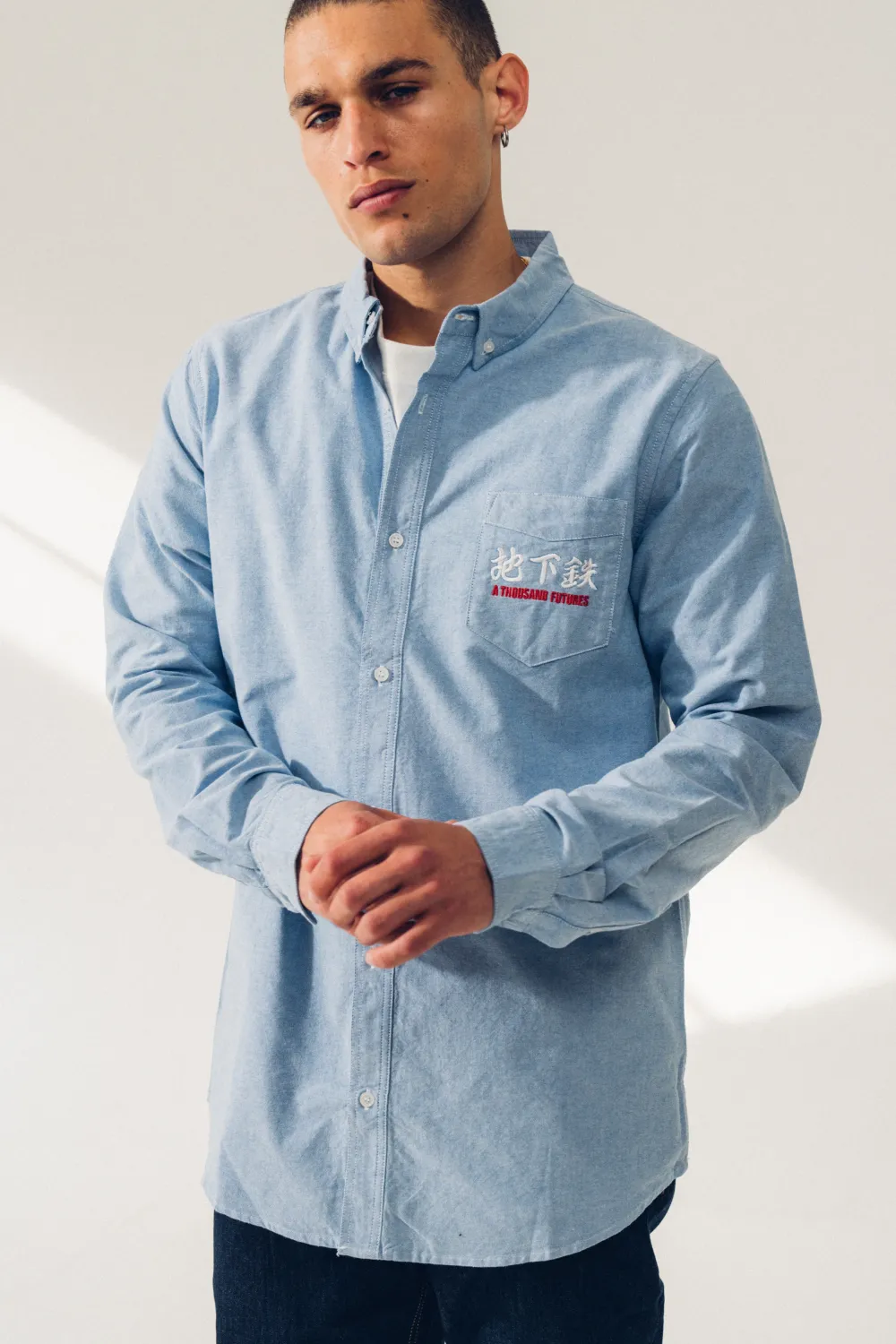 A Thousand Futures 'Logo' Cotton Oxford Shirt - Classic Blue