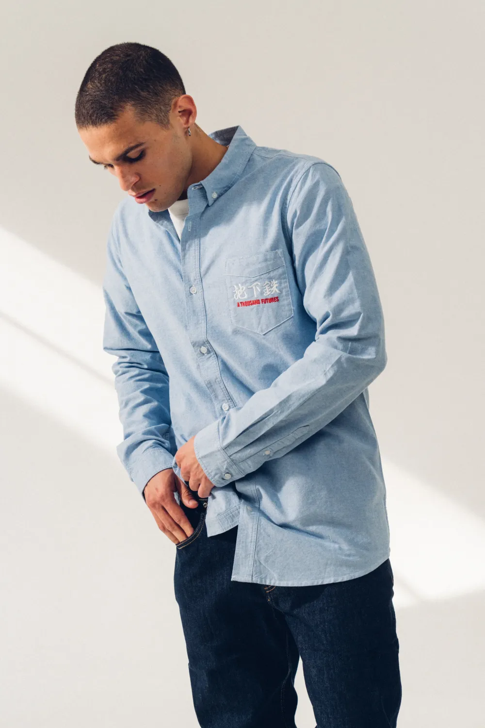 A Thousand Futures 'Logo' Cotton Oxford Shirt - Classic Blue