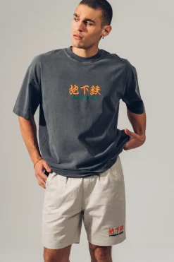 A Thousand Futures 'Logo' Embroidered Vintage Washed Tee - Charcoal