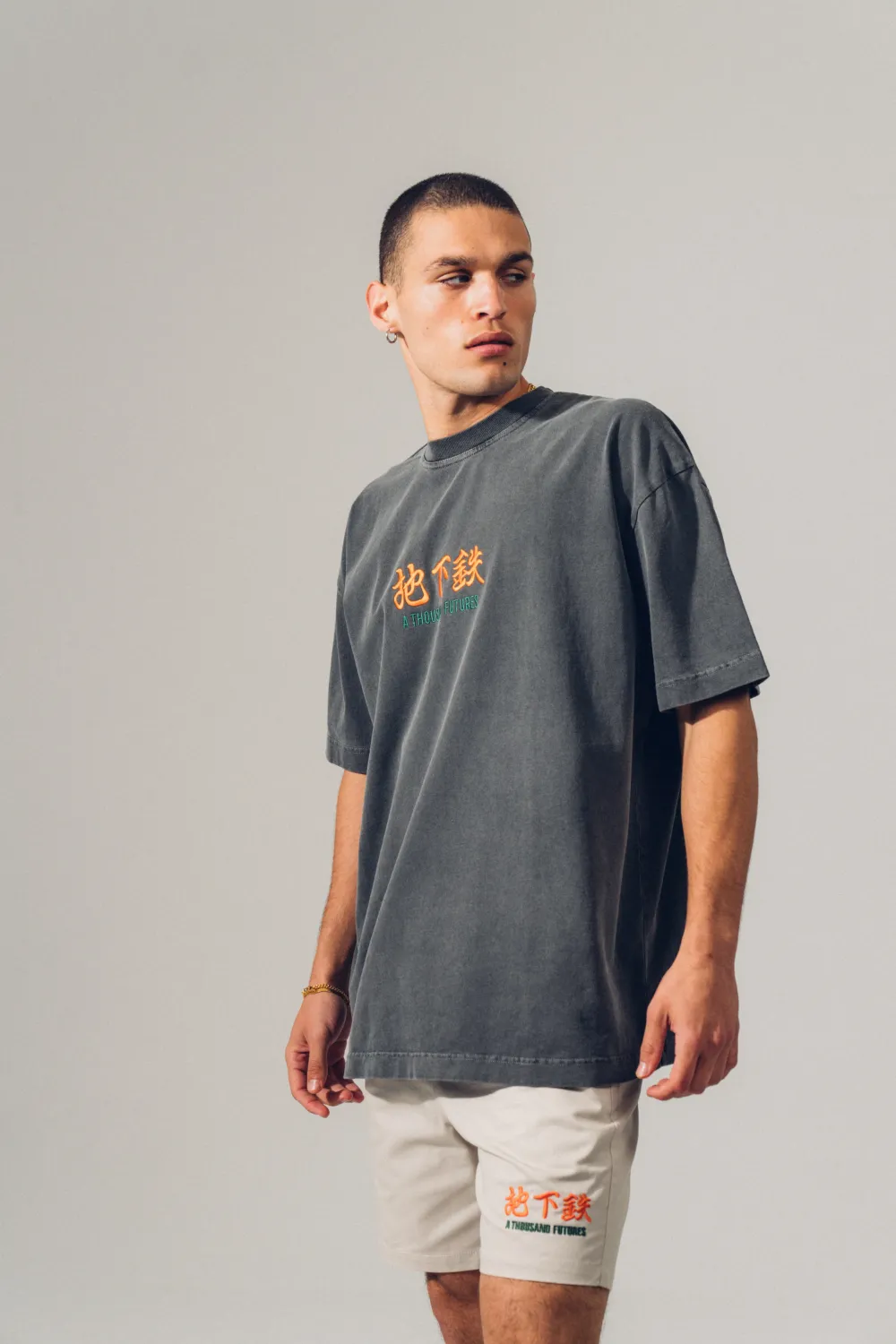 A Thousand Futures 'Logo' Embroidered Vintage Washed Tee - Charcoal