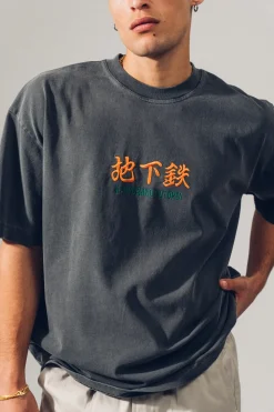 A Thousand Futures 'Logo' Embroidered Vintage Washed Tee - Charcoal