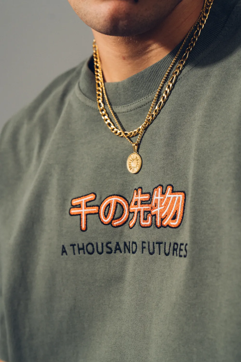 A Thousand Futures 'Logo' Embroidered Tee - Khaki