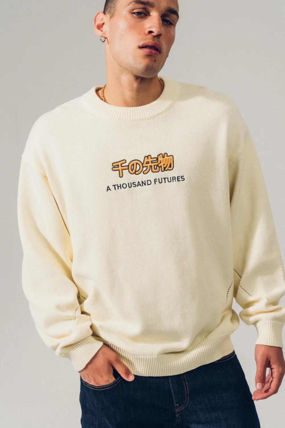 A Thousand Futures 'Logo Panel' Knit Sweater - Cream
