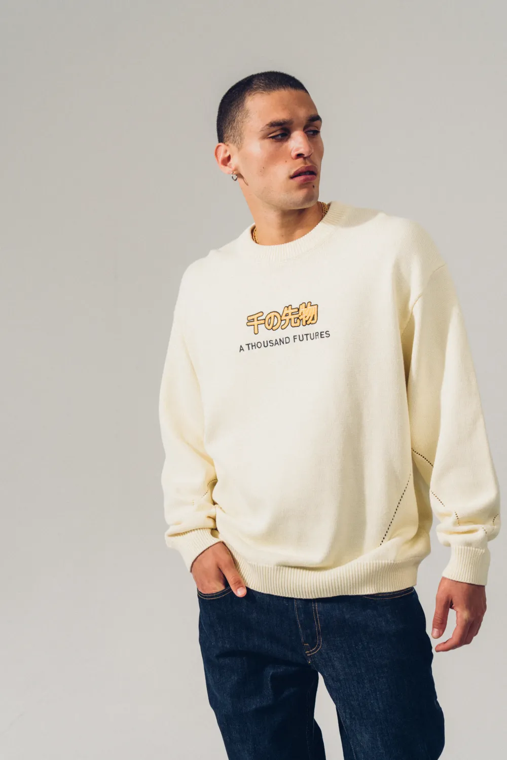 A Thousand Futures 'Logo Panel' Knit Sweater - Cream