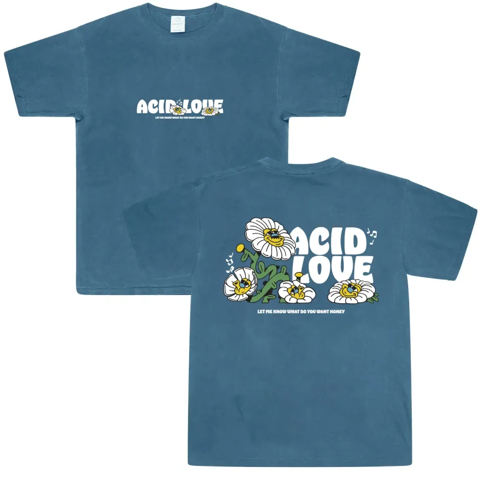 ACID LOVE 'Daisy' Vintage Washed Tee - Ocean Blue