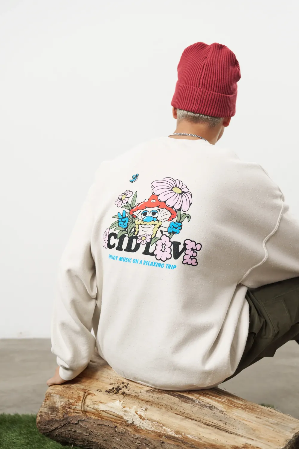 ACID LOVE 'Mushroom' Vintage Washed Sweater - Cream