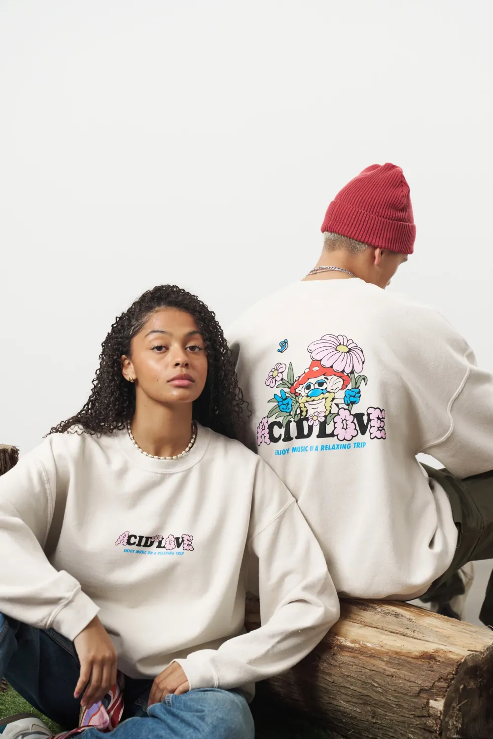 ACID LOVE 'Mushroom' Vintage Washed Sweater - Cream