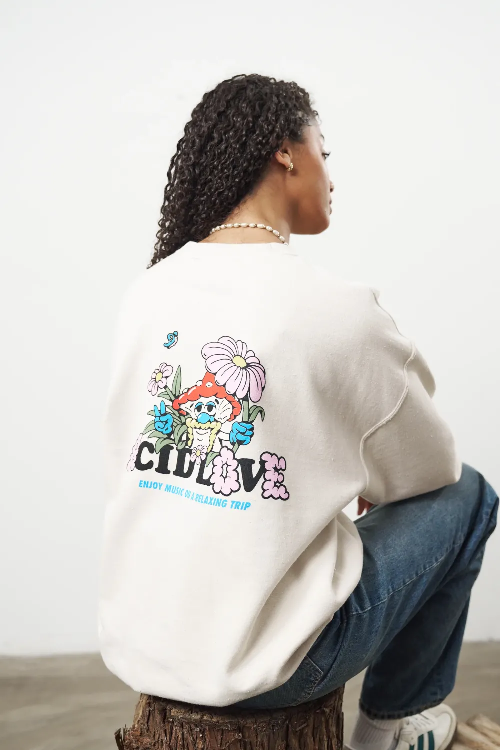 ACID LOVE 'Mushroom' Vintage Washed Sweater - Cream