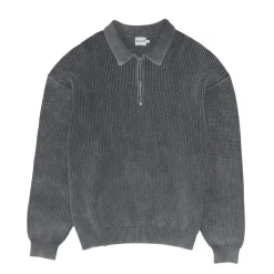 bound Acid Wash Half Zip Knit Pullover - Charcoal