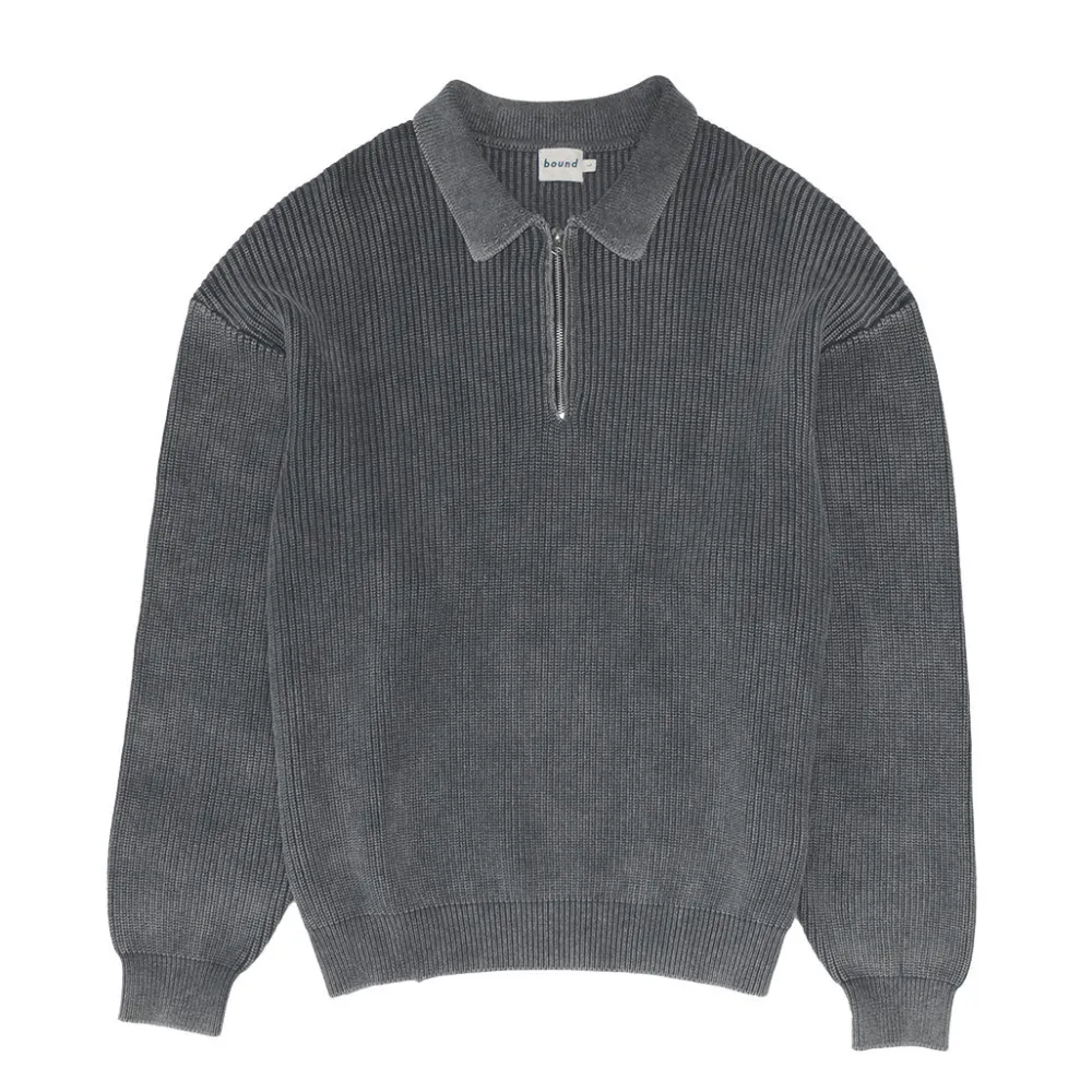 bound Acid Wash Half Zip Knit Pullover - Charcoal