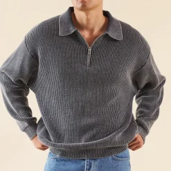 bound Acid Wash Half Zip Knit Pullover - Charcoal