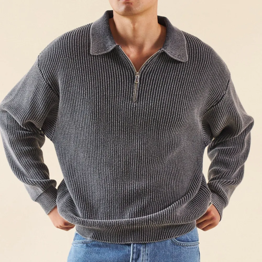 bound Acid Wash Half Zip Knit Pullover - Charcoal