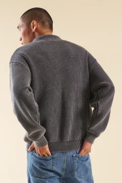 bound Acid Wash Half Zip Knit Pullover - Charcoal
