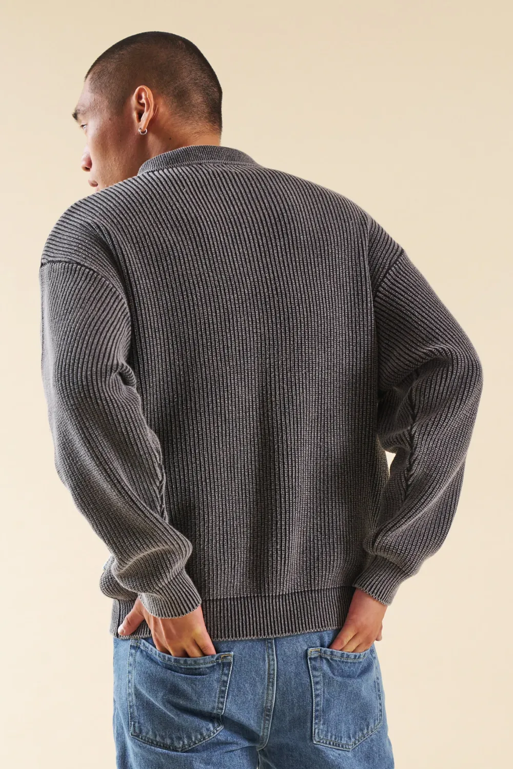 bound Acid Wash Half Zip Knit Pullover - Charcoal