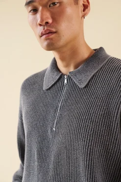 bound Acid Wash Half Zip Knit Pullover - Charcoal