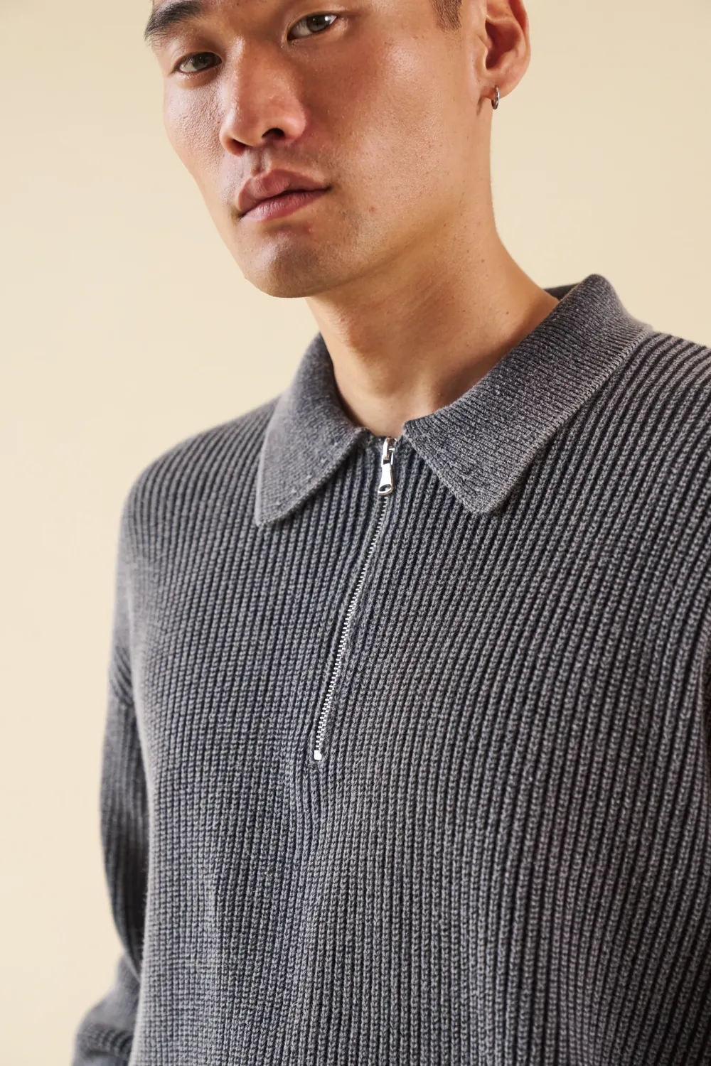 bound Acid Wash Half Zip Knit Pullover - Charcoal