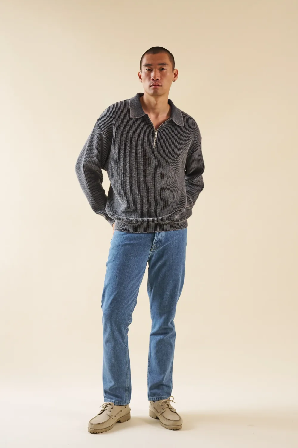 bound Acid Wash Half Zip Knit Pullover - Charcoal