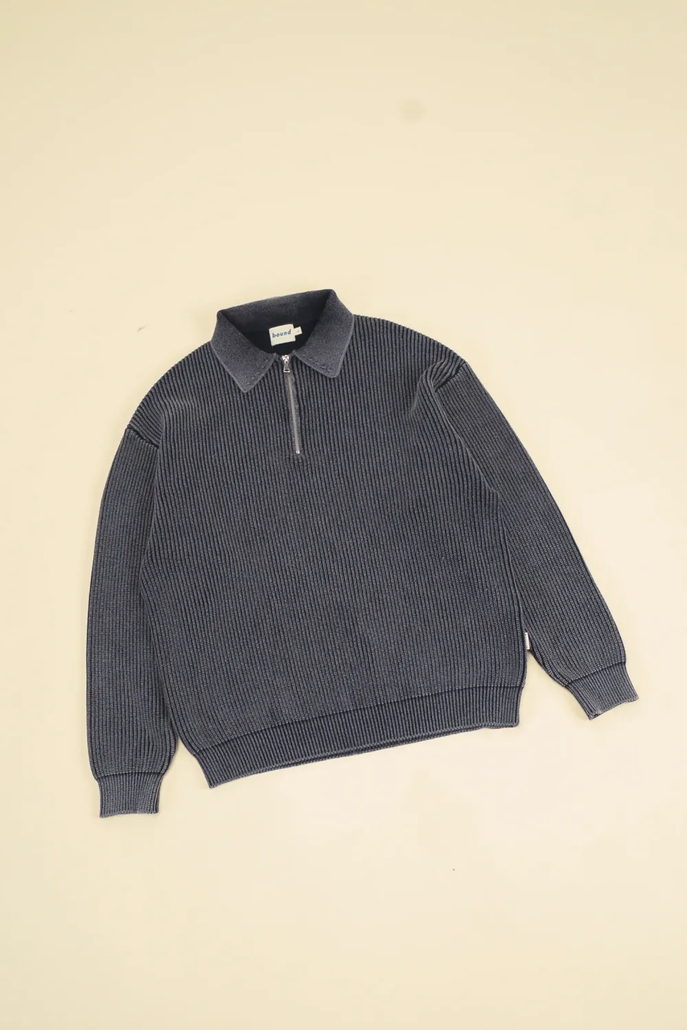 bound Acid Wash Half Zip Knit Pullover - Charcoal