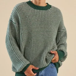 bound Green Stripe Chunky Knit Rib Oversized Sweater
