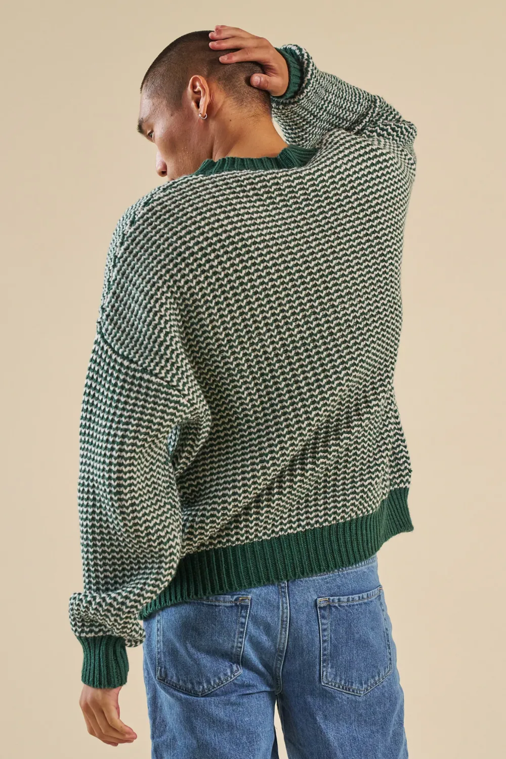 bound Green Stripe Chunky Knit Rib Oversized Sweater