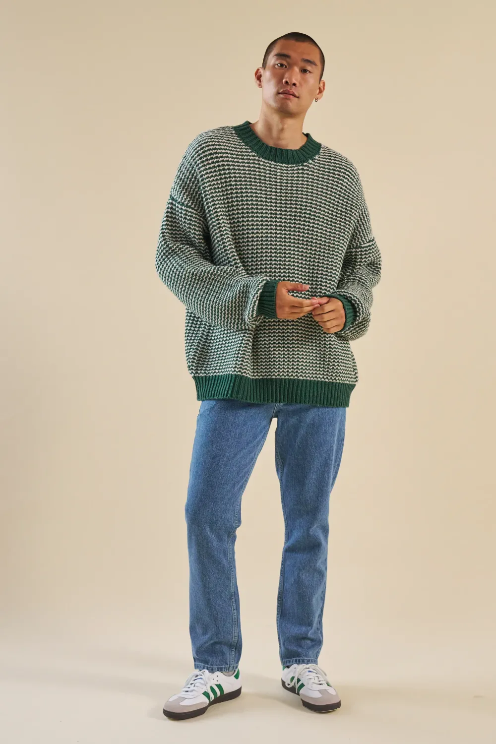 bound Green Stripe Chunky Knit Rib Oversized Sweater