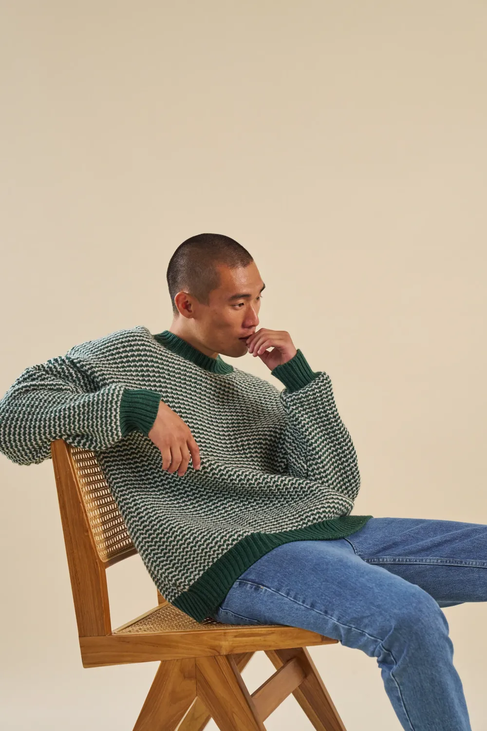 bound Green Stripe Chunky Knit Rib Oversized Sweater