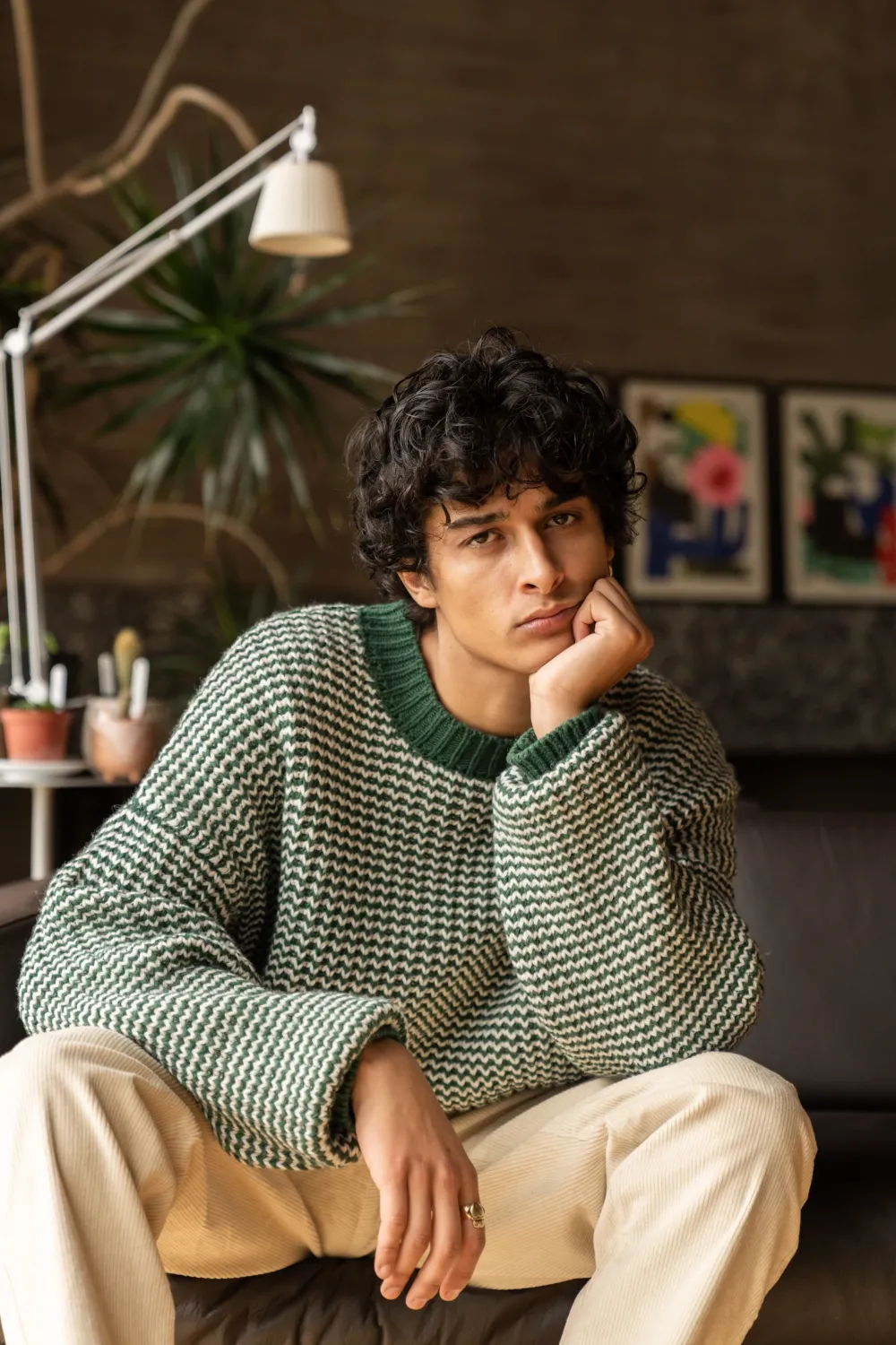 bound Green Stripe Chunky Knit Rib Oversized Sweater