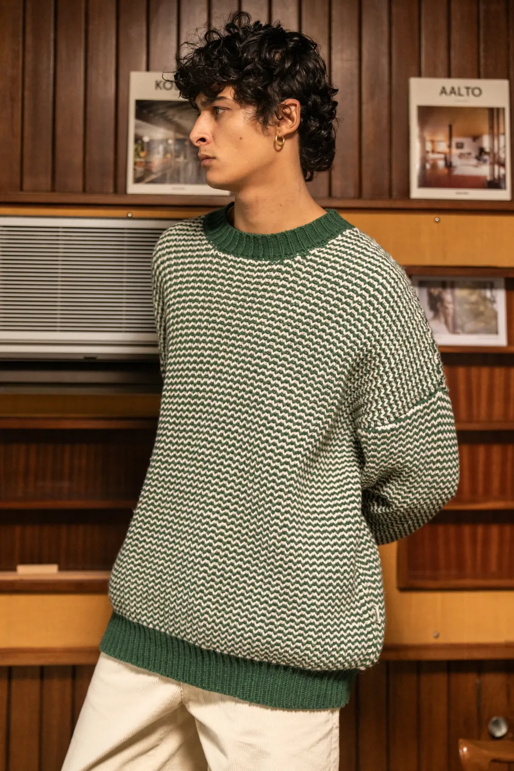 bound Green Stripe Chunky Knit Rib Oversized Sweater