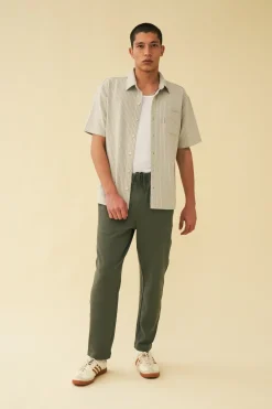 bound 'Olive' Textured Cotton Trousers