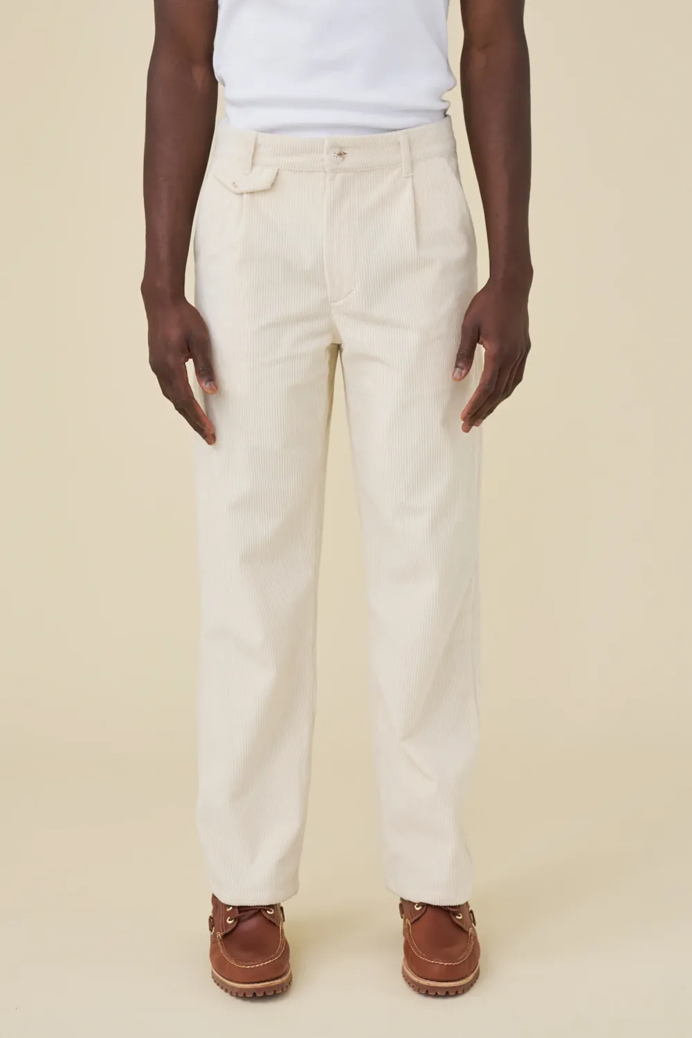 bound Wide Leg Corduroy Trousers - Light Cream