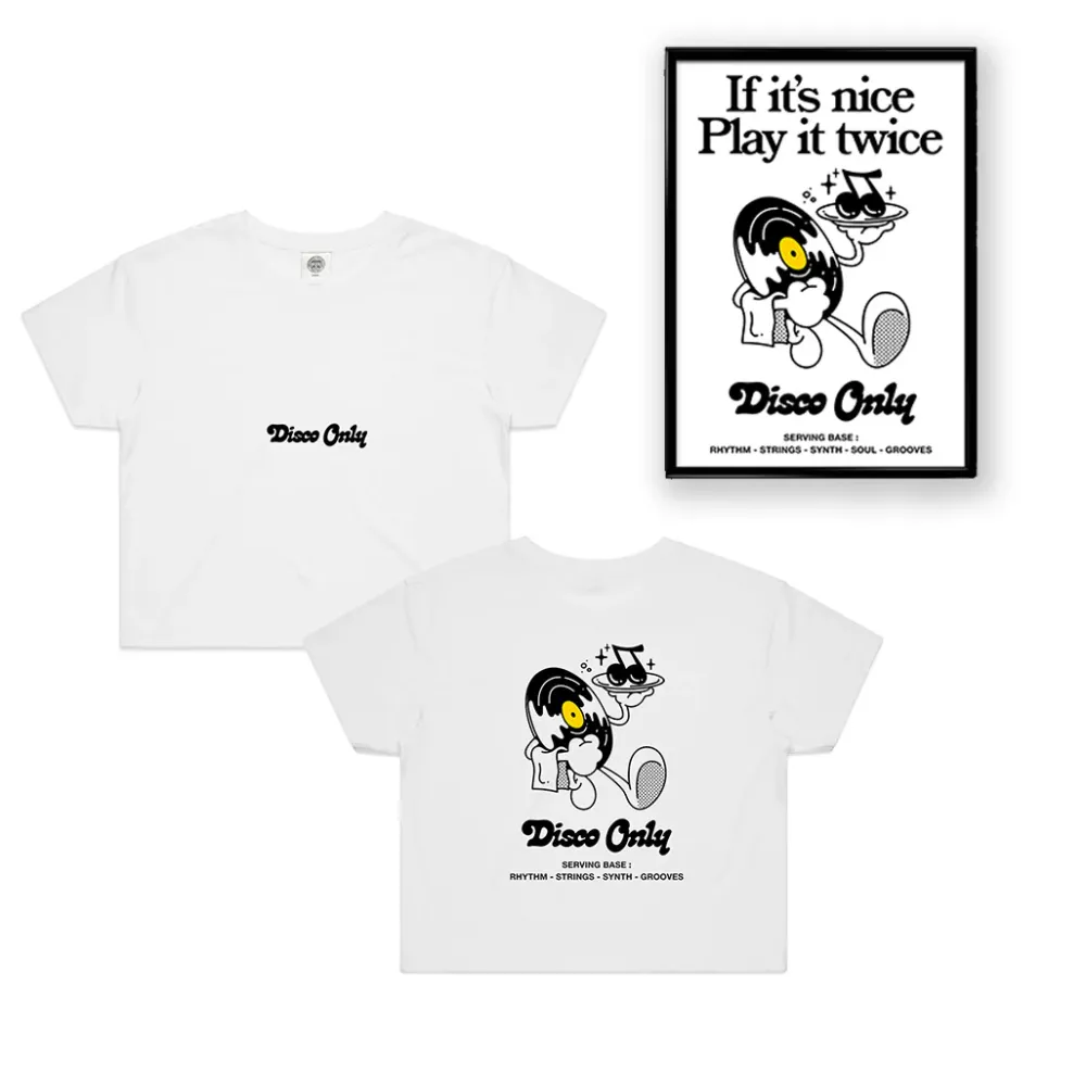 DISCO ONLY WMNS 'Play It Twice V2' Cropped Tee & Print Bundle - White