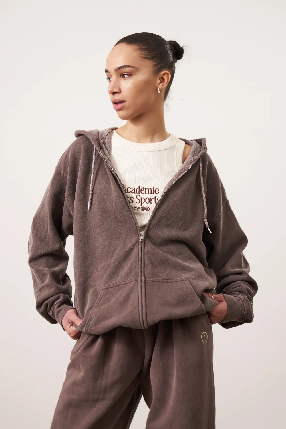 UN:IK Essentials Essentials Vintage Washed Zip Up Hoodie - Cocoa