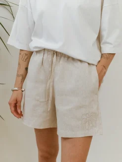 Women FLWRS by Chloe Hayward FLWRS Embroidered Linen Shorts - Natural