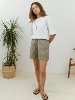 Women FLWRS by Chloe Hayward FLWRS Embroidered Linen Shorts - Sage