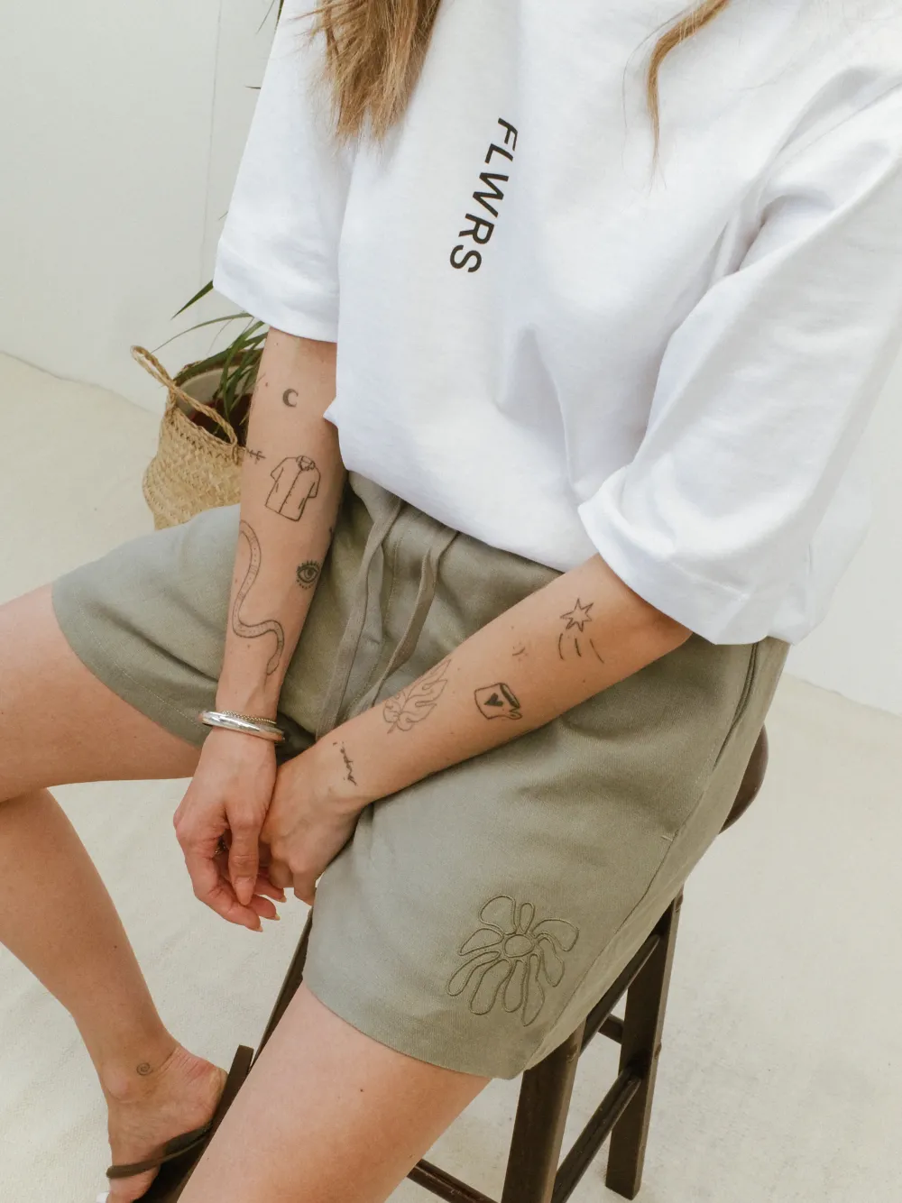 Women FLWRS by Chloe Hayward FLWRS Embroidered Linen Shorts - Sage