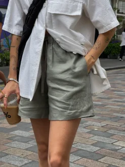 Women FLWRS by Chloe Hayward FLWRS Embroidered Linen Shorts - Sage