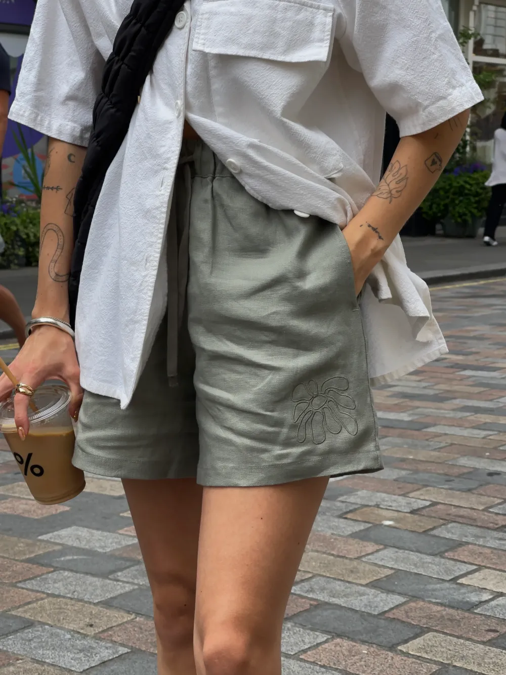 Women FLWRS by Chloe Hayward FLWRS Embroidered Linen Shorts - Sage