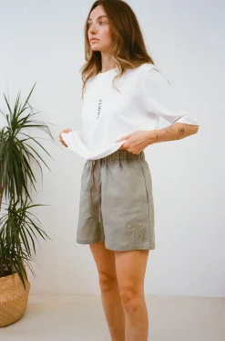 Women FLWRS by Chloe Hayward FLWRS Embroidered Linen Shorts - Sage