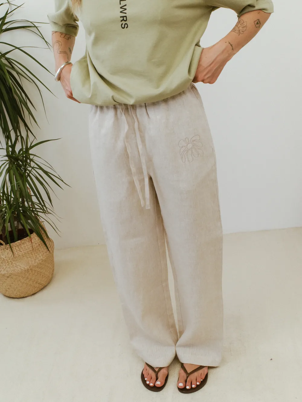 Women FLWRS by Chloe Hayward FLWRS Embroidered Linen Trousers - Natural
