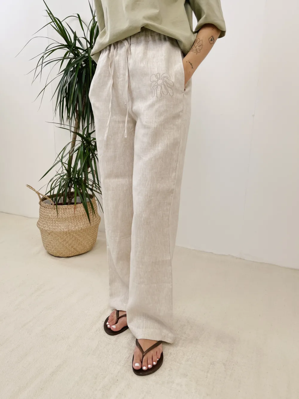 Women FLWRS by Chloe Hayward FLWRS Embroidered Linen Trousers - Natural
