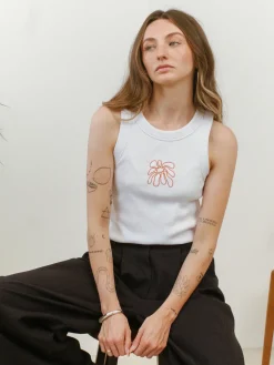 FLWRS by Chloe Hayward FLWRS Organic Embroidered Rib Tank - White