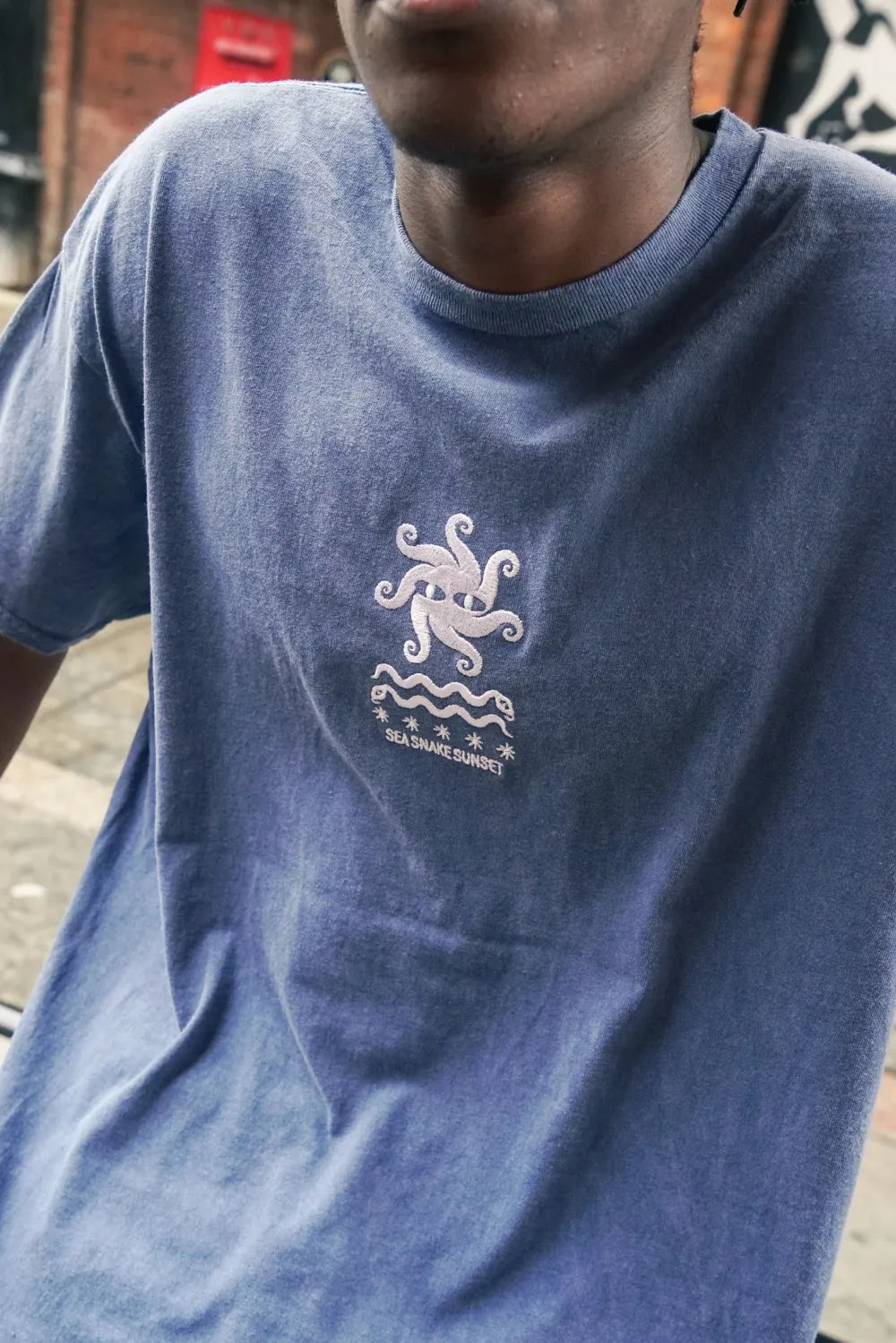 KBar Design KBAR X UN:IK 'Sea Snake' Vintage Washed Embroidered Tee - Blue