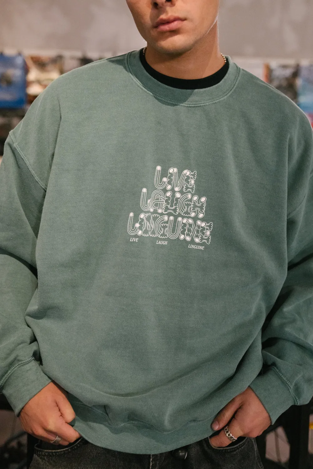 Other Side Store 'Live Laugh Linguine' Sweater - Vintage Washed Green