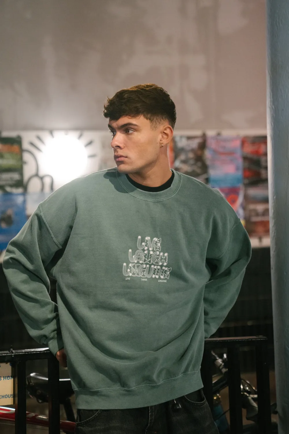 Other Side Store 'Live Laugh Linguine' Sweater - Vintage Washed Green