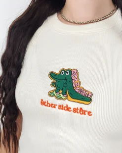 Other Side Store WMNS 'Crocs' Embroidered Crop Rib Tank - Ecru