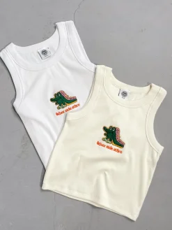 Other Side Store WMNS 'Crocs' Embroidered Crop Rib Tank - White