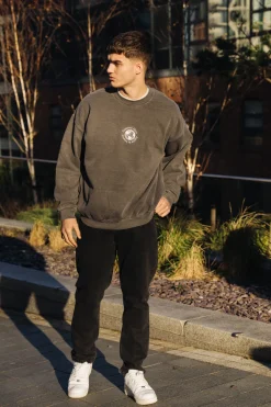 Seasonal Hero 'Aspire' Embroidered  Vintage Washed Sweater - Charcoal