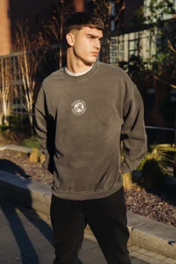 Seasonal Hero 'Aspire' Embroidered  Vintage Washed Sweater - Charcoal