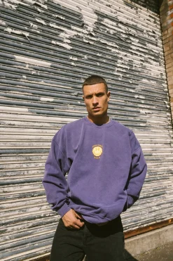 Seasonal Hero 'Trippy Smiler' Embroidered Vintage Washed Sweater - Violet
